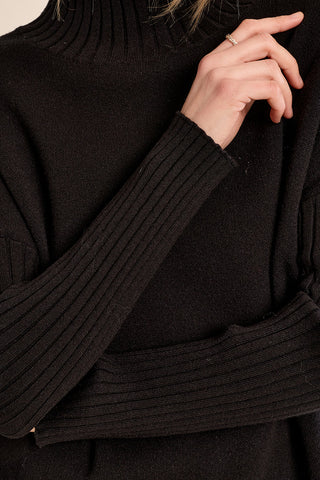 Close-up detail of ribbed cuff and turtleneck collar on a knitted sweater