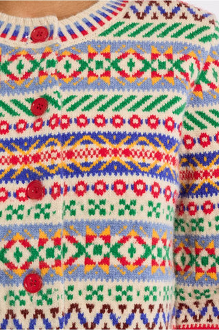 Close-up detail of a multicolored Fair Isle knitted cardigan with red buttons