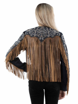 Back view of women's western fringe jacket with ornate embroidered yoke detailing