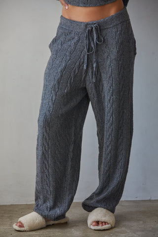 Dark heather grey cable-knit wide-leg jogger pants with drawstring waist