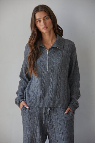 Women's dark heather grey cable knit half-zip pullover sweater with silver zipper